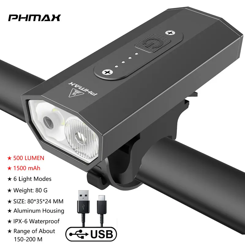 PHMAX Luce anteriore per bicicletta Faro per bici ricaricabile tramite USB 1500 lume Torcia per montagna bicicletta in alluminio impermeabile: Grigio chiaro