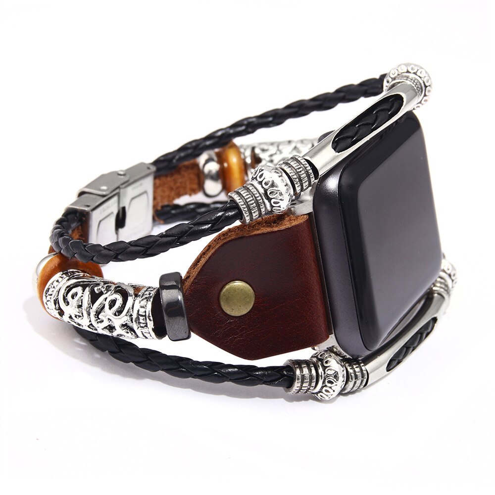 Vintage Multilayer Lederen Rvs Smart Horloge Armband Riem Gesp Viking Charm Armband Dames Sieraden: 38mm40mm brown