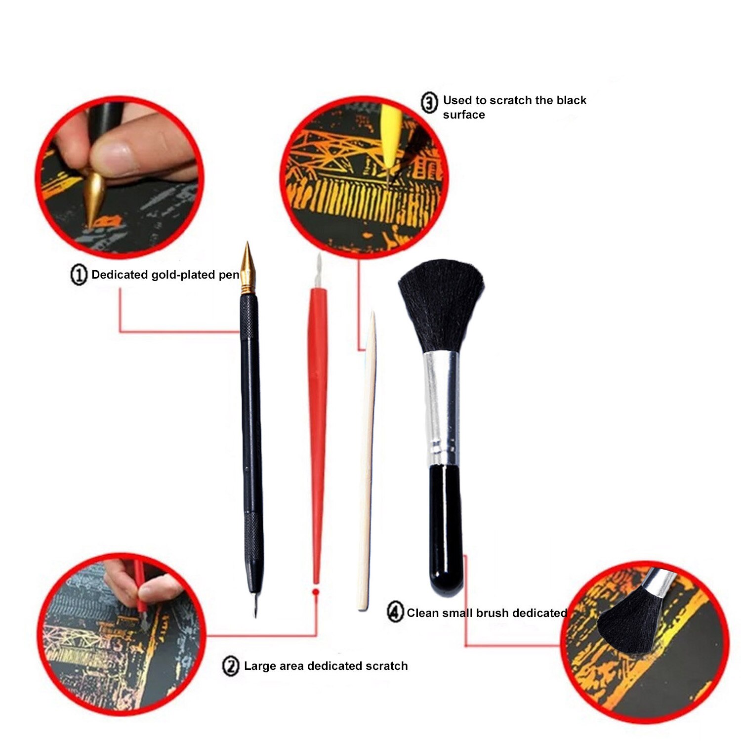 4pcs Magic DIY Scratch Painting Tool Drawing Scraping Set with Stick Scraper Pen Black Brush For Painting Crafts Toys