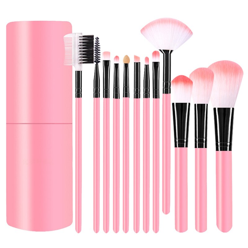 12 stks/set Professionele Make-Up Kwasten Tool Oogschaduw Foundation Wenkbrauw Lip Make-Up Borstel cosmetica Lederen Bekerhouder Case Kit: Roze