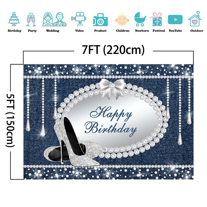 Denim and Diamonds Party Backdrop Glitter Diamond Crystal Heels Photography Backdrops Happy Birthday Background Photoshoot Props