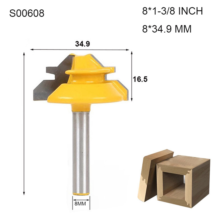 1/2 " 1/4 " 8mm- schachts 45- graden penfrees voor houtverbindingen houtbewerking frees rechte hoek cnc-gereedschapsbit: S00608