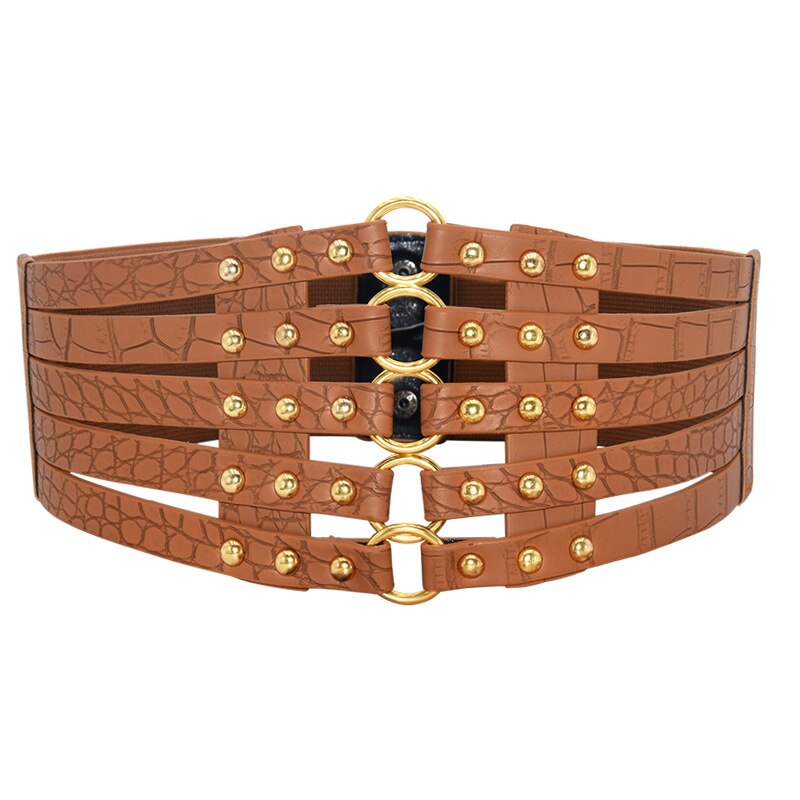 Cinturón ancho con hebilla de Metal dorado para mujer, cinturón de cuero, corsé, cinturones tipo faja: brown