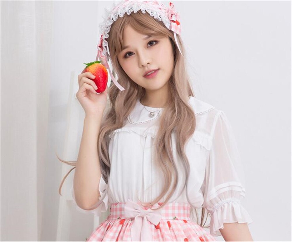 Sød kronbladskrave dame chiffon top halv gennemsigtige ærmer lolita bluse  b343