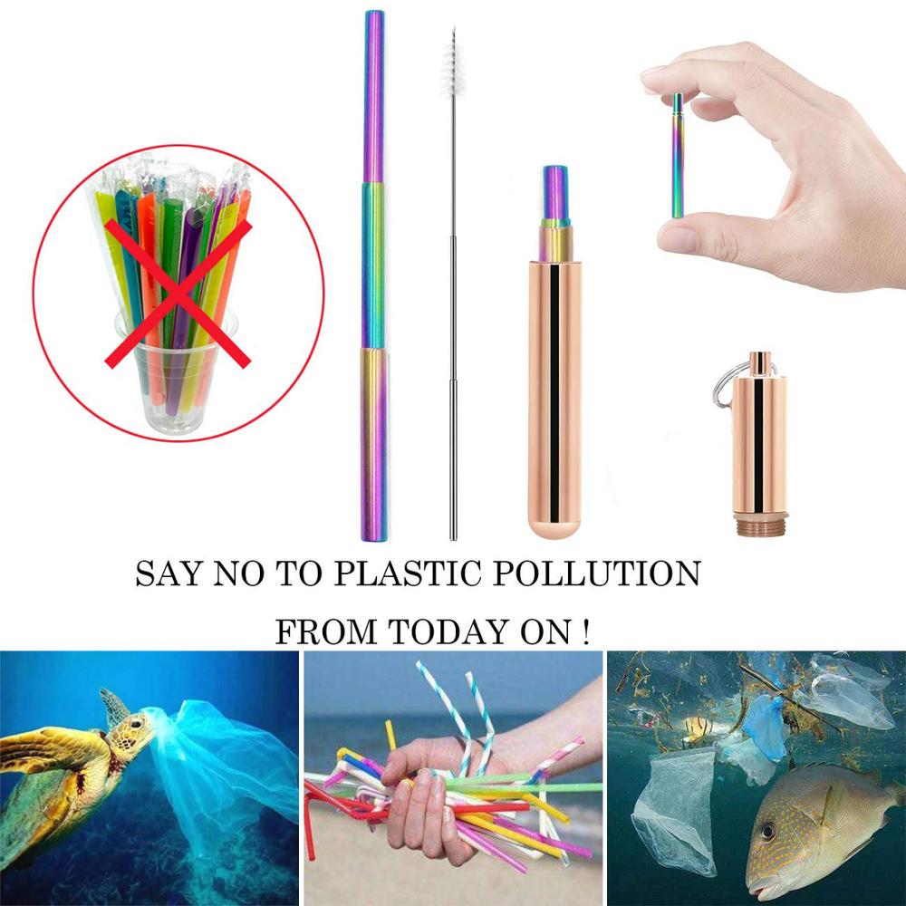 Metal Reusable Collapsible Foldable Straw with Case Keychain Stainless Steel Metallic Portable Telescopic Drinking Straw