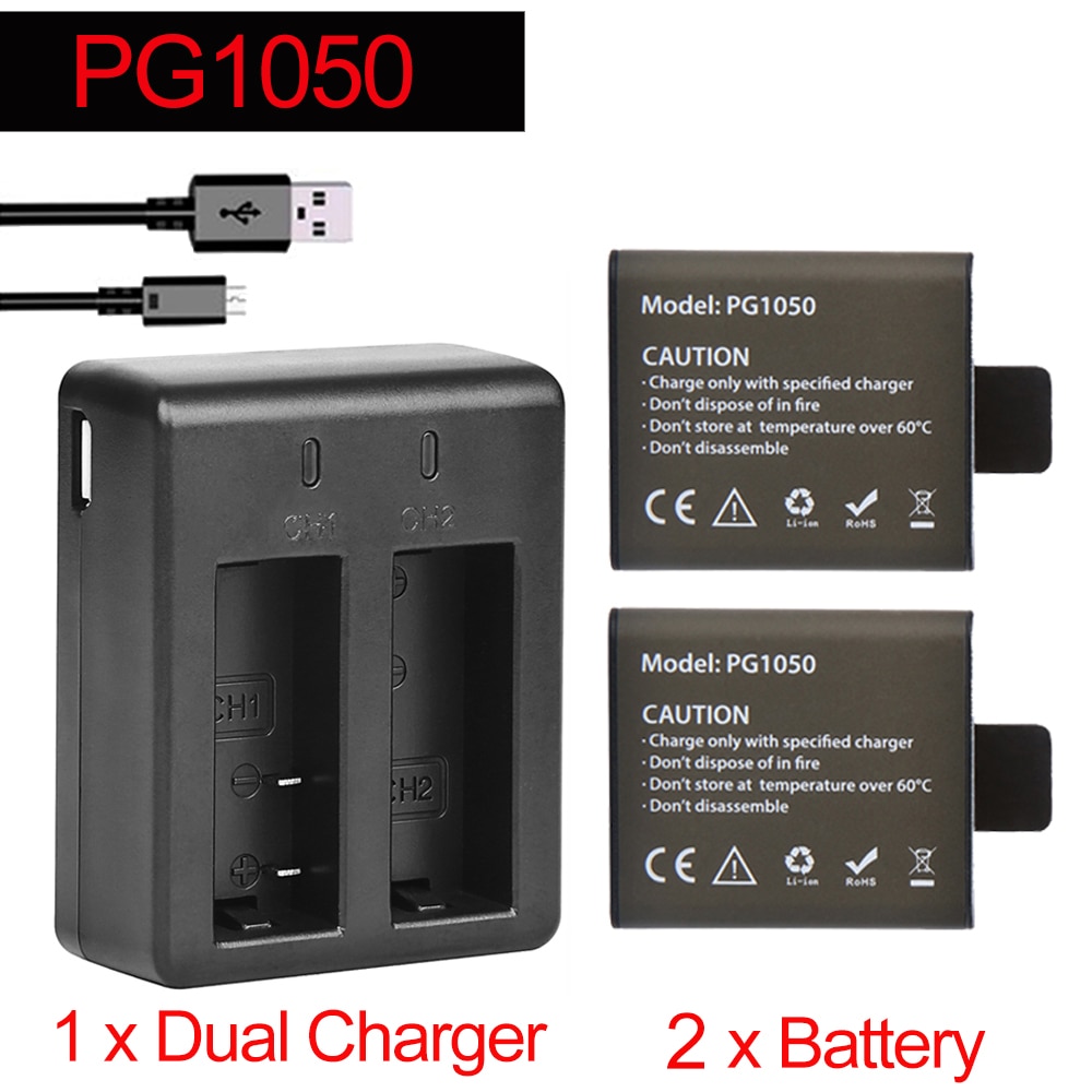 1050 mah  pg1050 batteri + dobbel lader til eken  h9 h9r h3r h8r h8 pro  h8 til sjcam  sj4000 sj 4000 sj5000 m10 6000 kamera batteria: 2 batterier 1 lader