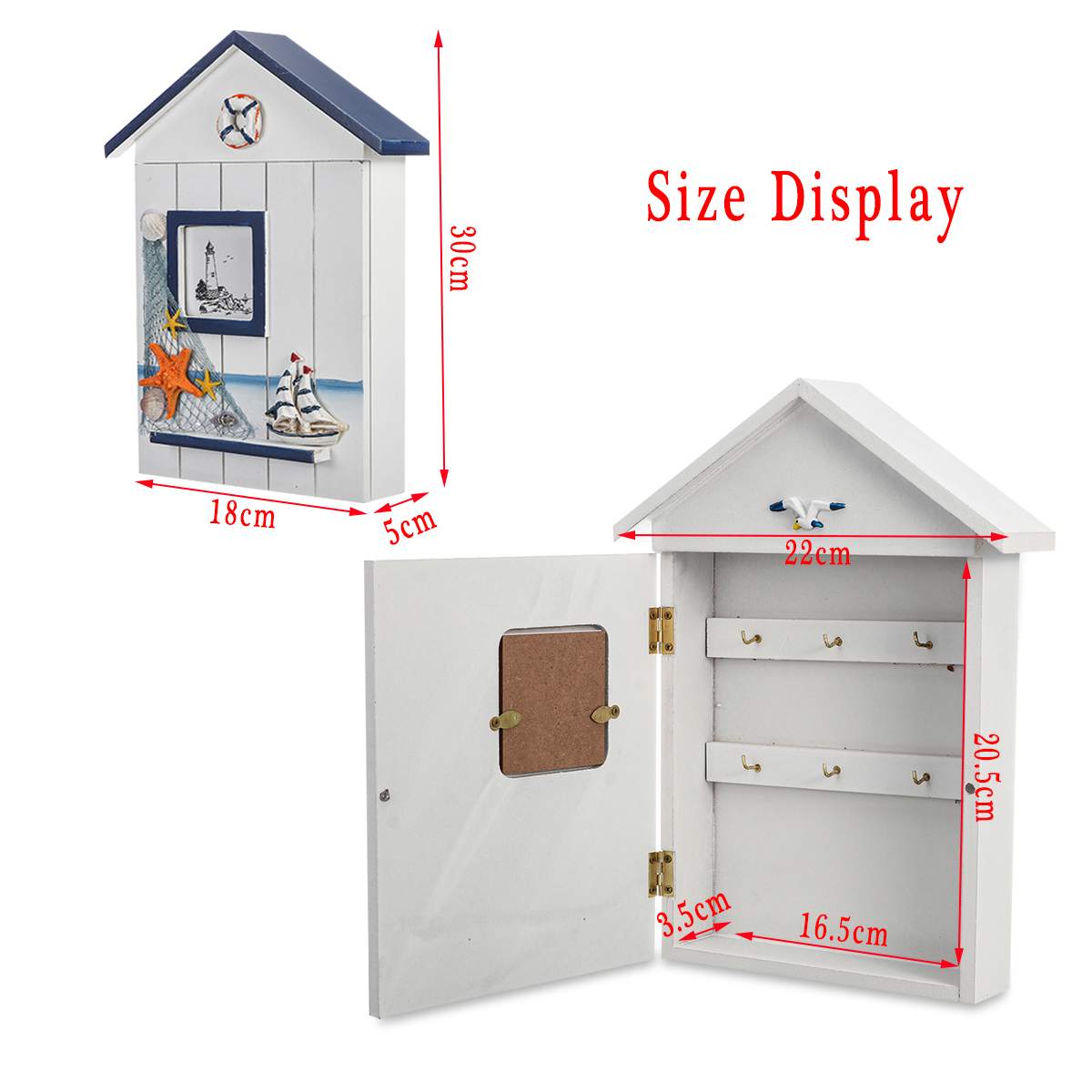 Caja para llaves con forma de casa de estilo mediterráneo de madera, organizador de pared colgante 18x5x30cm, almacenamiento y organización del hogar