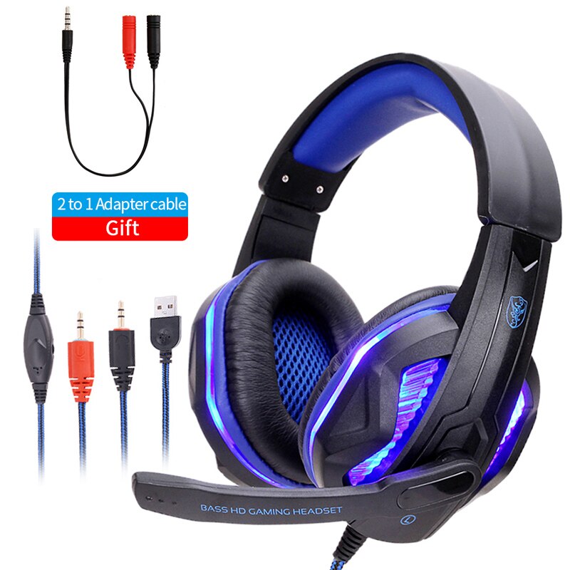 Ps4 gaming headsets, bekabelde headset, led-licht, gamer stereo headset, computerheadset voor  ps4 ps3 xbox heren: Blauw met led