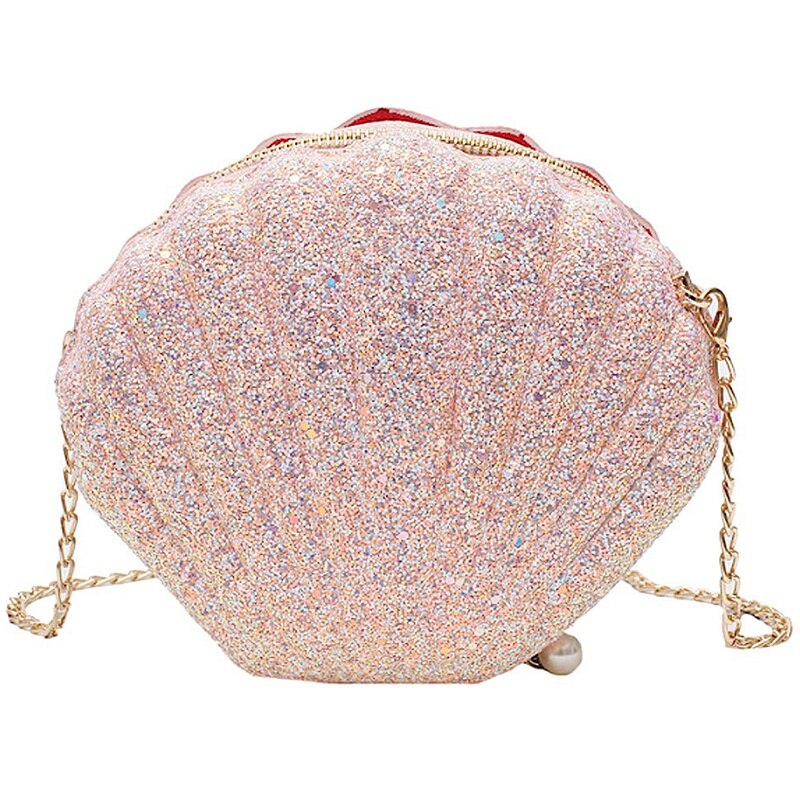 Women Girls Little Mermaid Seashell Purse Cross-Body Shoulder Bags Glitter Sequins Chain Evening Purse: Pink