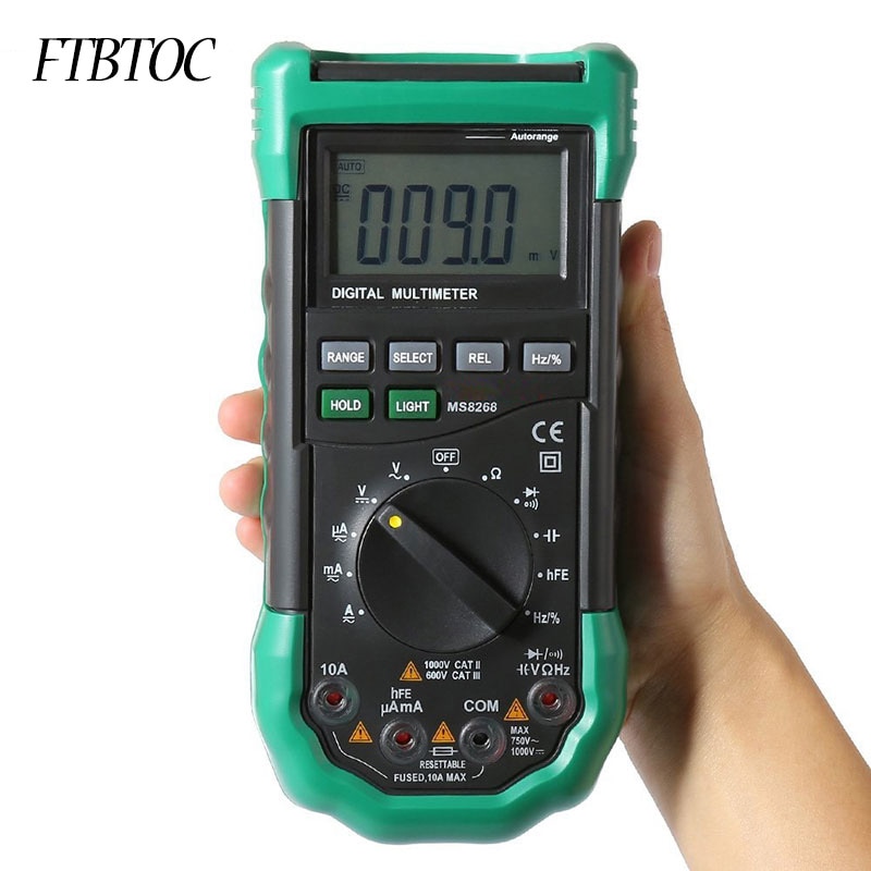 Ftbtoc  ms8268 auto rækkevidde digitalt multimeter fuld beskyttelse ac / dc voltmeter ammeter ohm kapacitans meter diode test