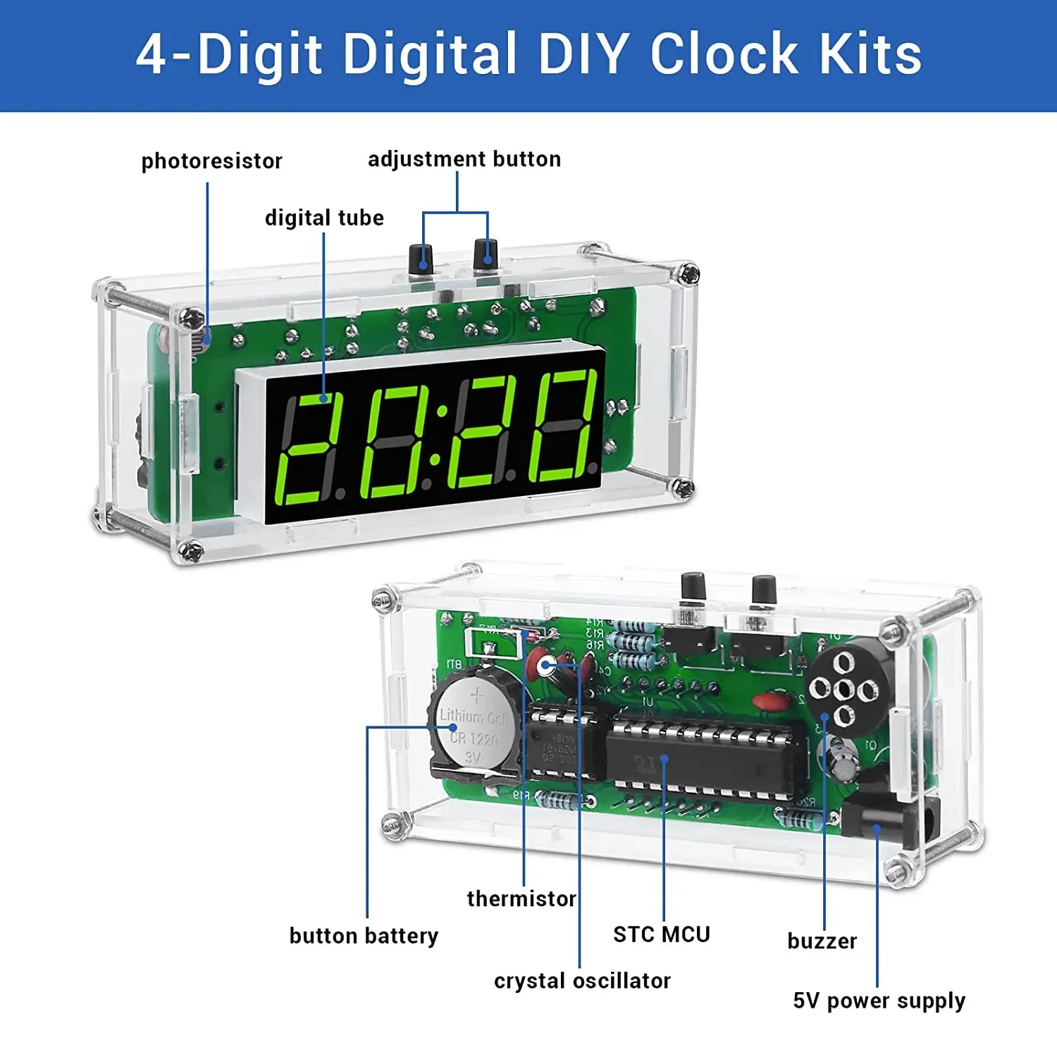 Multifunction 4-Digit Digital DIY Clock Kits with Acrylic Shell, DIY Alarm Clock Soldering Practice Kit for Learning Electronics