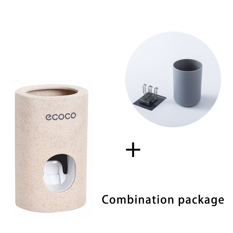 ECOCO Automatic Toothpaste Dispenser Dust-proof Toothbrush Holder Wheat straw Wall Mounted Toothpaste Squeezer for bathroom: Set meal