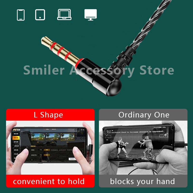 Wired Earphone with Mic Stereo Bass Noise Reduction Cancelling In-ear 3.5mm L Bending Gaming Headphone for Smartphone Laptop