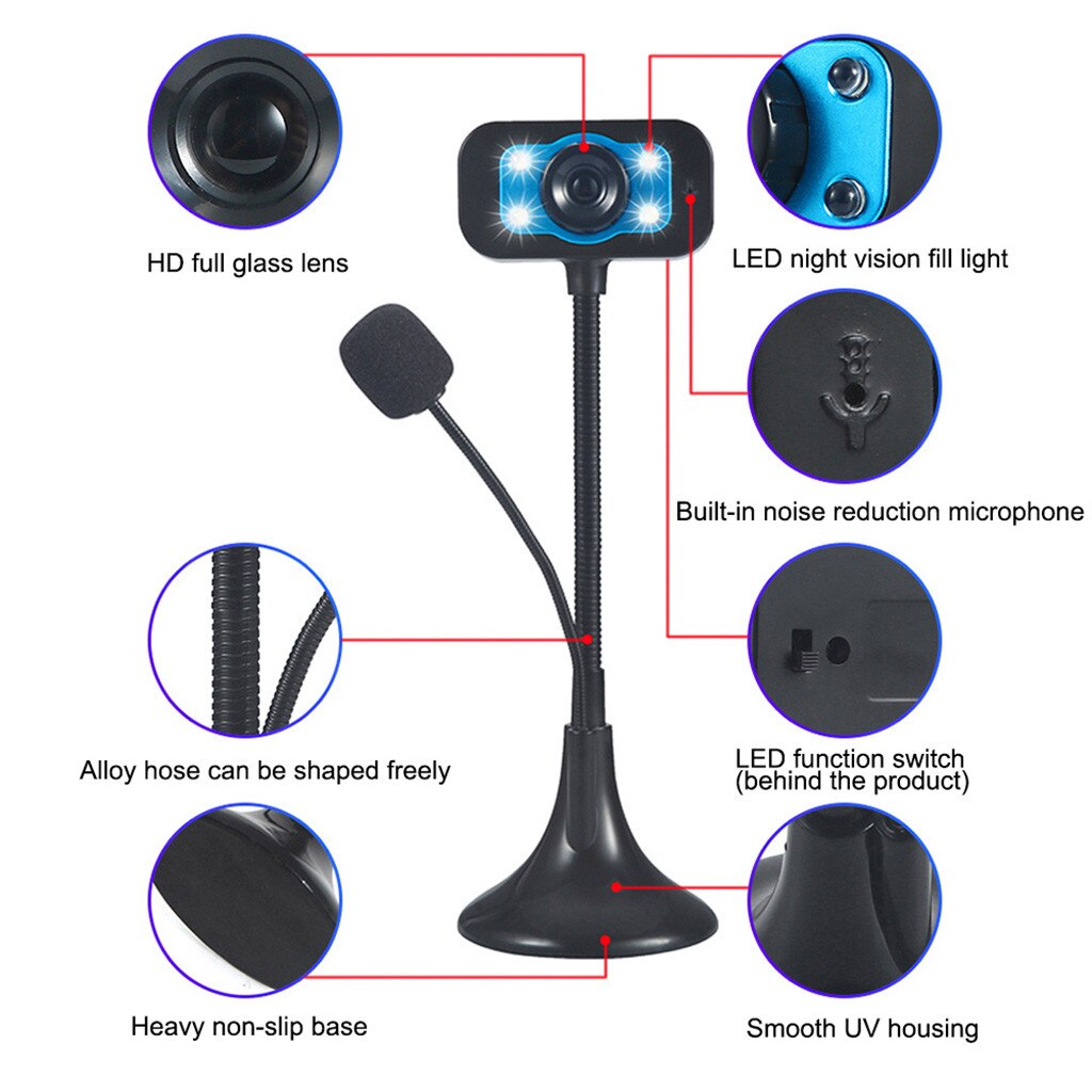LED HD Webcam Desktop Computer PC Video Usb With Microphone Night Vision Camera MIC Clip-on for PC Laptop Web Cam Web Camera