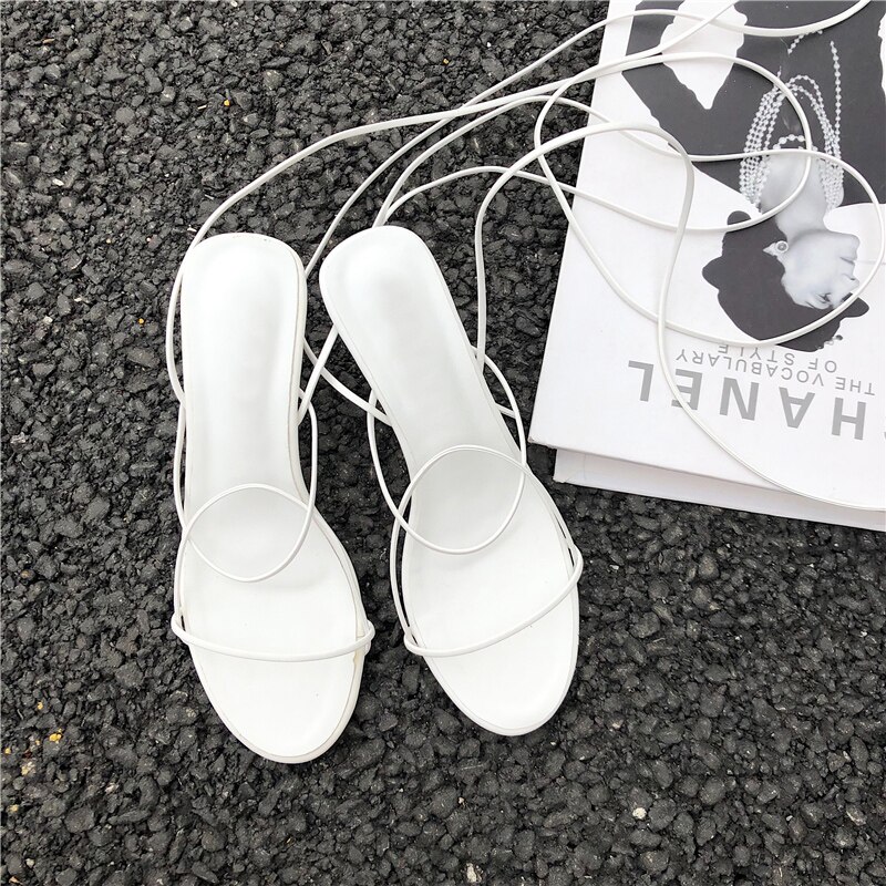 Zomer Retro Dunne Strip Vrouwen Gladiator Sandalen Mode Open Teen Fijne Hak Vrouwen Romeinse Sandalen Enkelbandje Hoge hakken: WHITE / 7