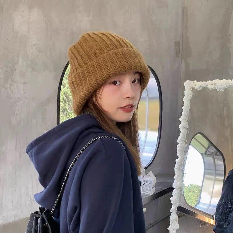 Sombrero de lana japonés para mujer, gorro de punto coreano que combina con todo, orejeras cálidas, GORRA DE PELO SUELTO grande, Gorros Casuales: Brown