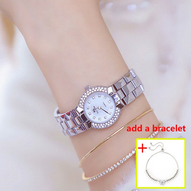 Women Luxury Brand Watch Dress Silver Gold Women Wrist Watch Quartz Diamond Ladies Watches Female Clock Bayan Kol Saati: silver bracelet