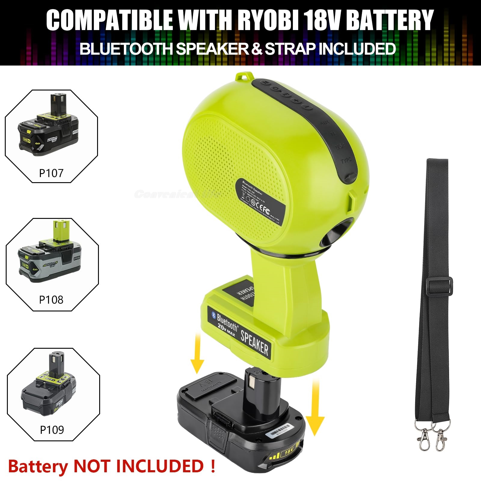Haut-parleur Bluetooth pour la batterie Ryobi 18V haut-parleur portable avec lumière LED haut-parleurs stéréo à double jumelage USB-A / C pour la lecture de la musique de la carte Flash Drive la lecture de musique de carte TF la lecture de la musique AUX 3.5