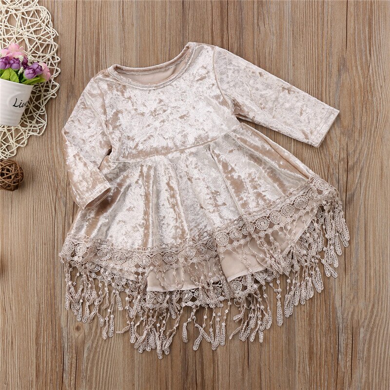 Baby pige vintage prinsesse kjole børn fløjl blonder kvast patchwork kjoler afslappede baby lange ærmer kjoler asymmetriske vestidos: 3t