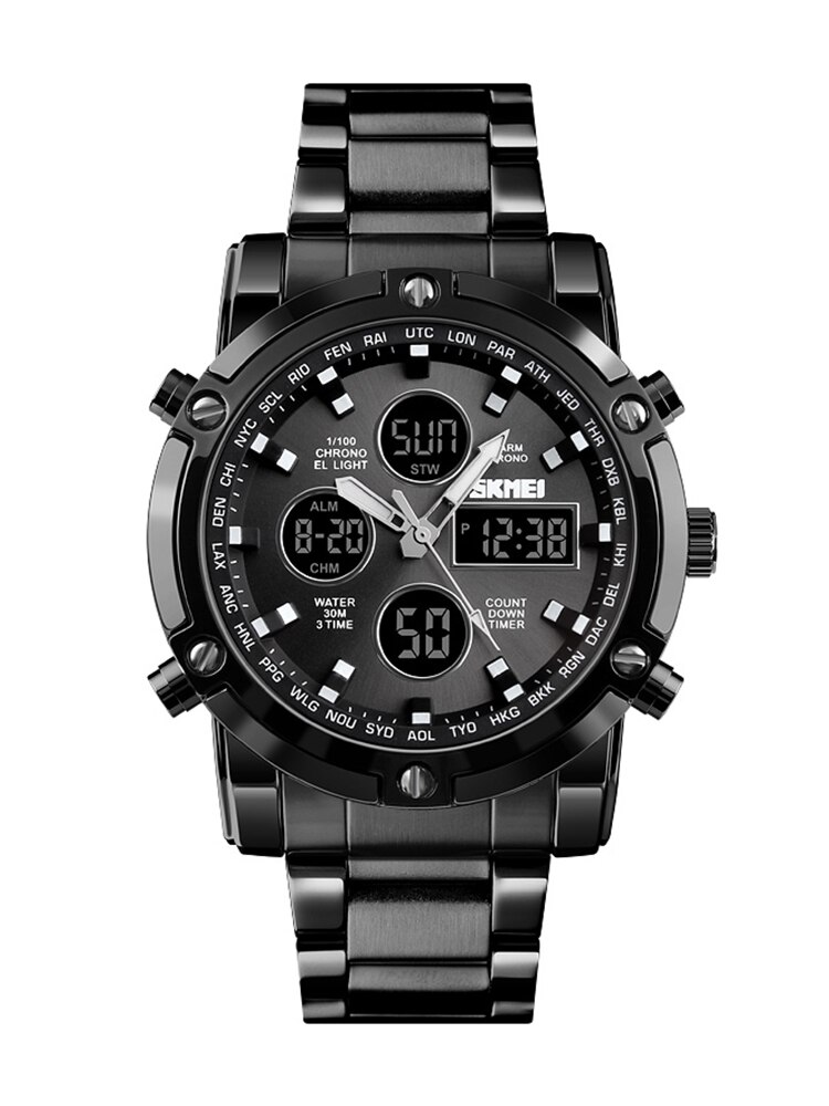 Skmei 3-malige Hintergrund beleuchtung Digitaluhren Herren Vollstahlband-Quarz-Armbanduhr Countdown-Uhr relogio maskulino: Rose