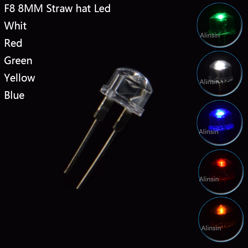 20 piezas de luz LED con forma de sombrero de paja, 0,5 W, F8, 8mm, diodo emisor de luz, 3V-3,2 V, PCB, blanco, rojo, azul, verde, amarillo