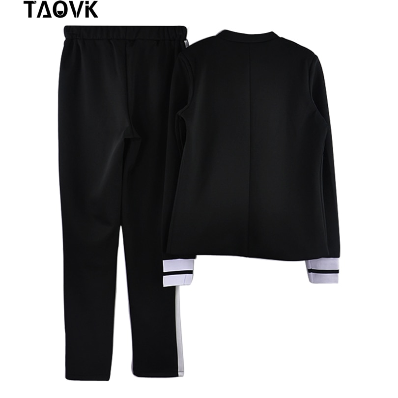 TAOVK women 2 two Piece Set suits Long sleeve stand-up collar buttonless Black and white tracksuit