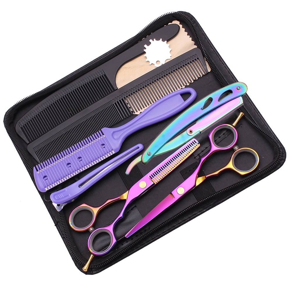 Frisør saks sæt 5.5 " rustfri gravering logo barber klippe saks tyndere saks hår saks lilla farve  c1104