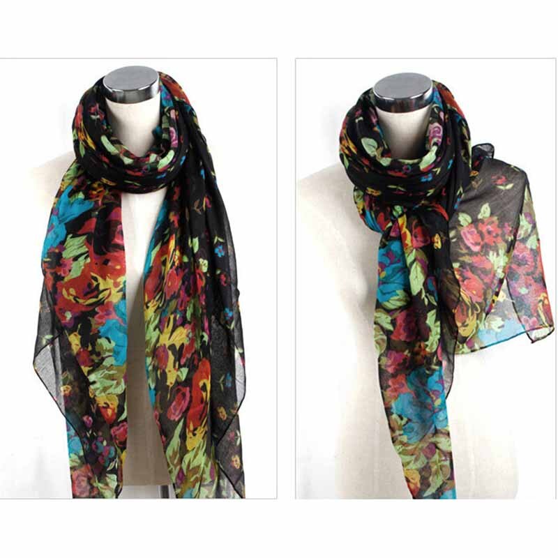 Ladies Floral Flower Scarf Beautiful Women Shawl Stole Wrap Scarves: Black