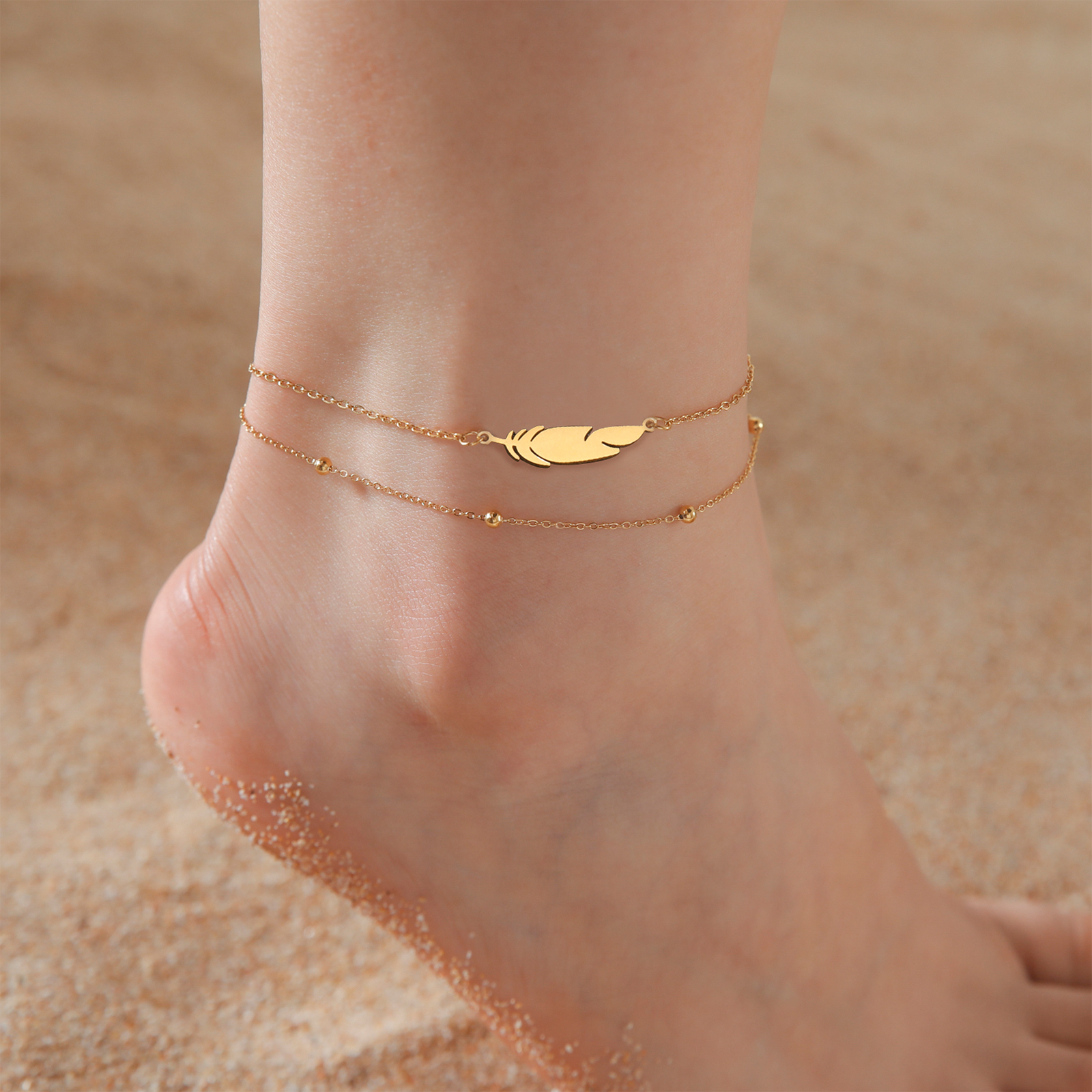 Cazador Animal Cat Dog Paw Anklets for Women Stainless Steel Double Layer Beads Foot Bracelet on the Leg Summer beach Jewelry: Light Yellow Color