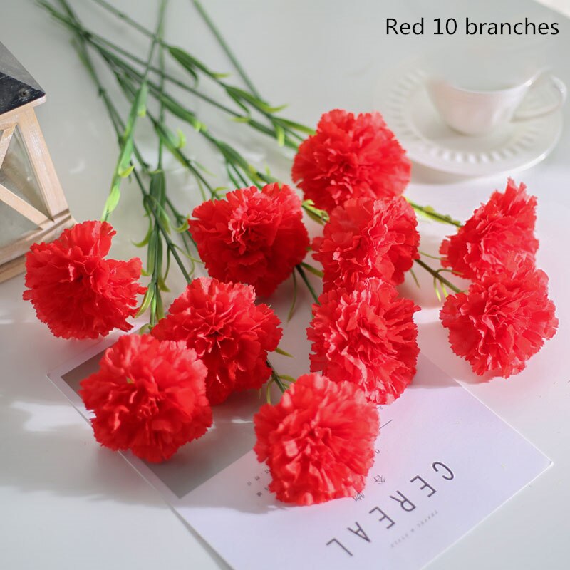 10 Stks/set Zijde Anjer Kunstbloemen Bundel Rood Geel Roze Nep Anjers Boeket Wedding Party Centerpiece Decoratie: red