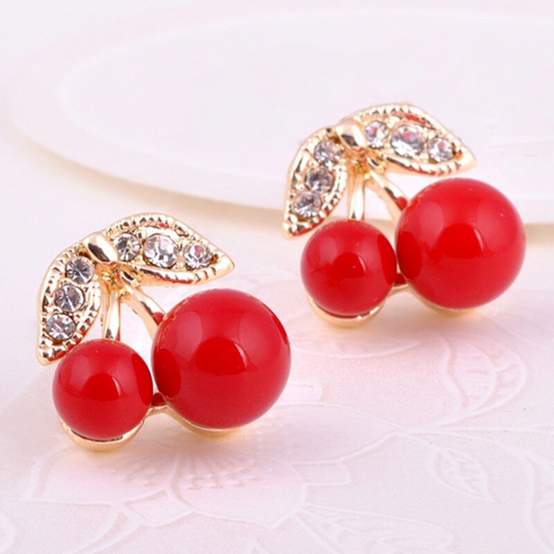 Neue Niedlich SchöNe rot Kirsche Ohrringe Strass Blatt Perle Zucht Ohrringe Für Frau Schmuck Boucle D'oreille