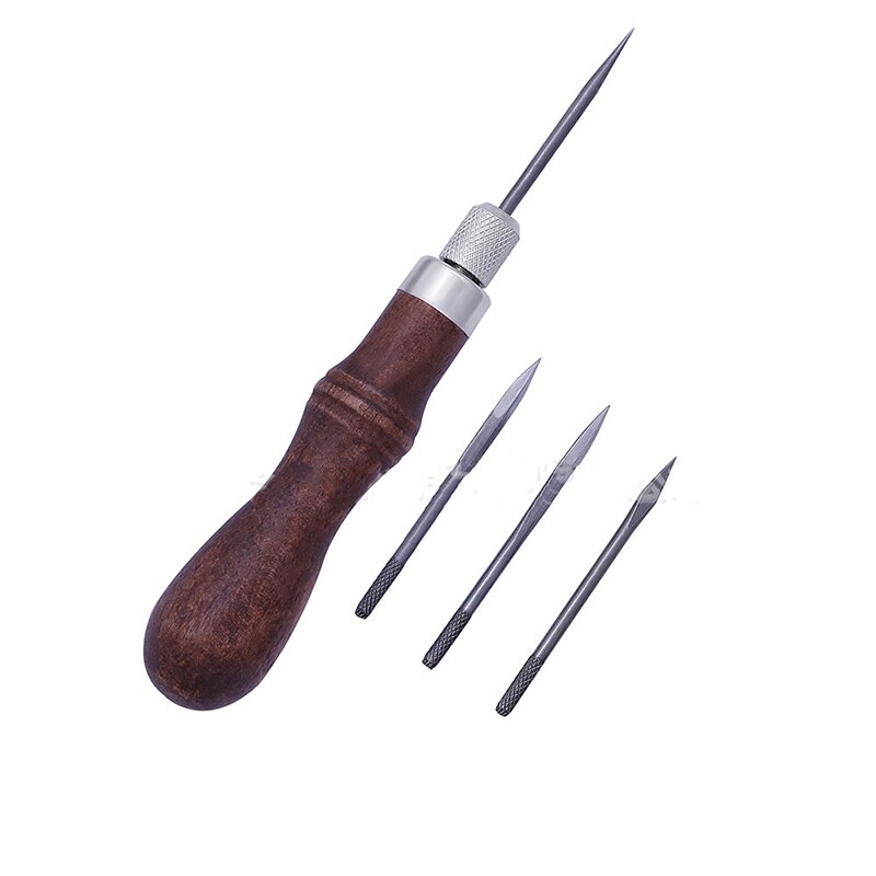 4 in 1 Leather Tools Sewing Awl Needles DIY Wood Handle Leather Stitching Awl Sewing Scratch Awl Canvas Leathercraft