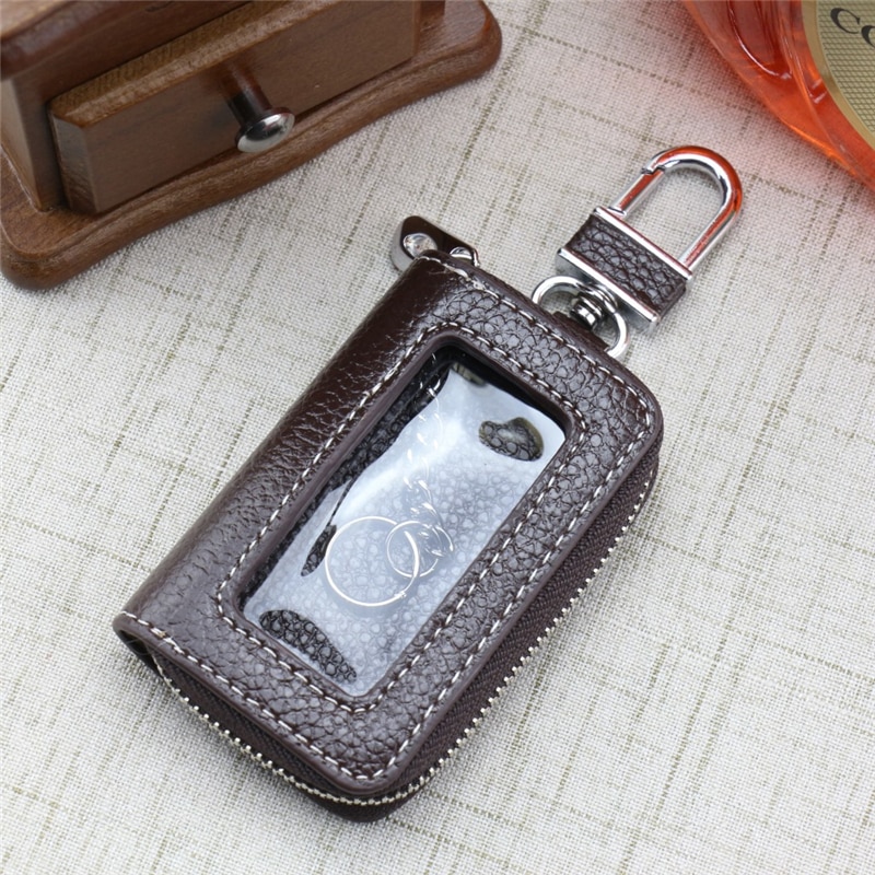 Leather Zipper Square Home Car Key Holder Case Key Chain Women Home Organizer Transparent Window Key Bag Wallet