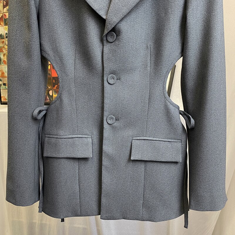 Twotwinstyle Hollow Out Lace Up Strik Blazer Voor Vrouwen Revers Lange Mouwen Casual Coat Vrouwelijke Mode Kleding Fall
