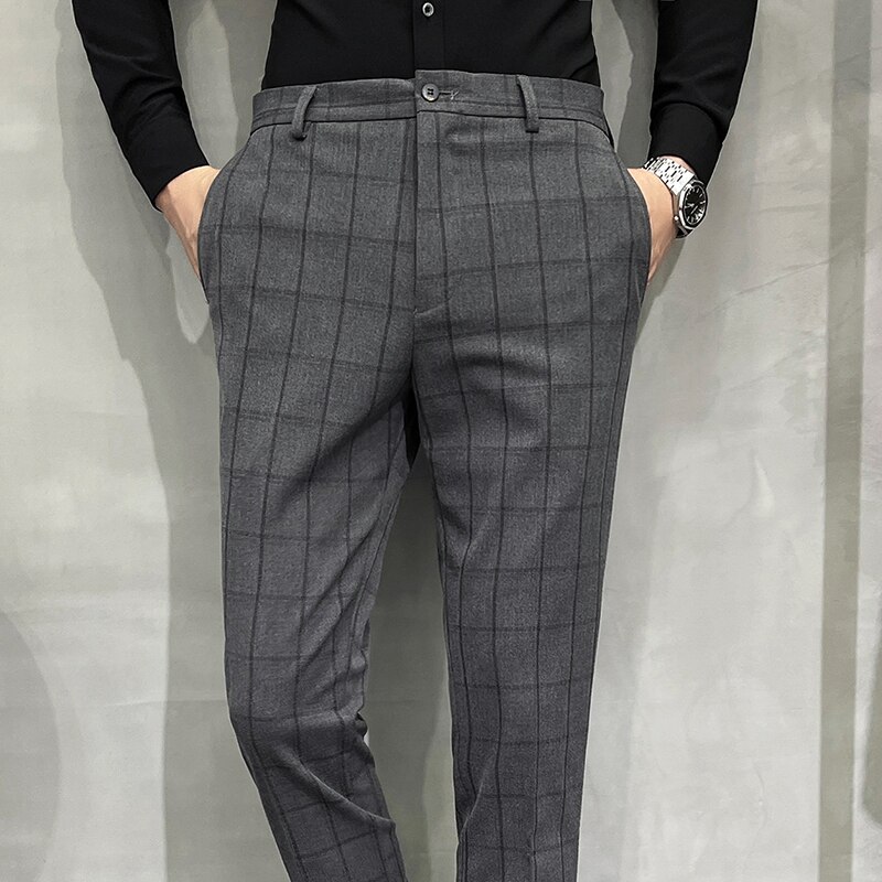 Men's Suit Pants Classic Plaid Business Formal Dress Pant Streetwear Casual Slim Wedding Groom Social Trousers
