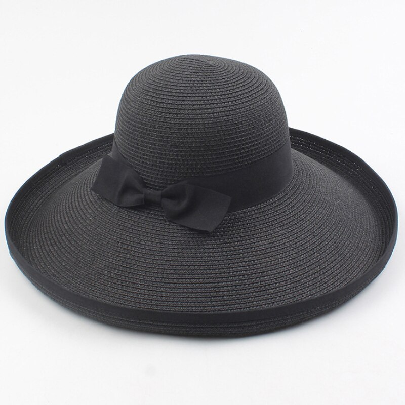 HT3085 Strand Hoed Grote Grote Brede Rand Hoed Dames Strand Cap Mode Stro Hoed Elegante Zwarte Strik Vrouwen zomer Zonnehoed: Black