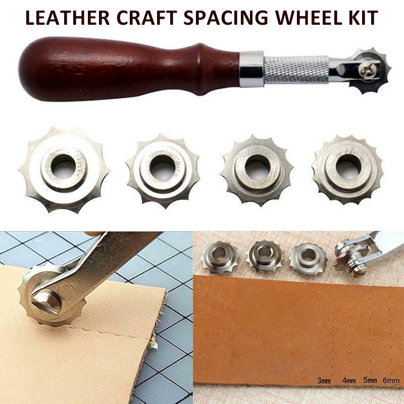 Leather Craft Spacing Wheel With Wooden Handle Alloy Blade DIY Leather Over Stitch Line Marking Spacing Wheel Gear Roulette Tool