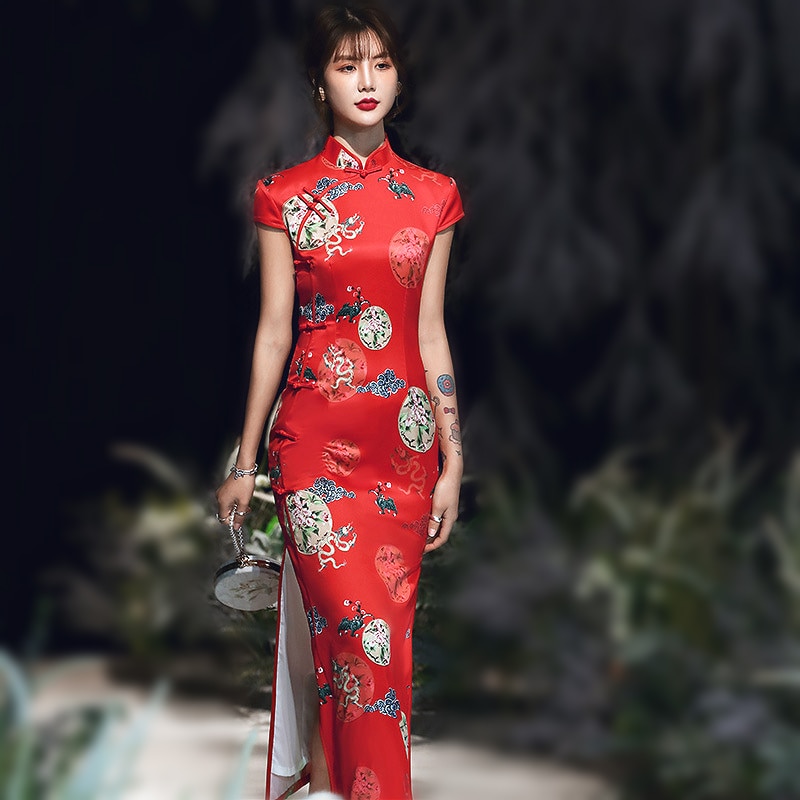 Vrouwen Plus Size Rode Draak Chinese Qipao Jurk Chinese Traditionele Draak Patroon Cheongsam Elegante Lange Zijden Jurk
