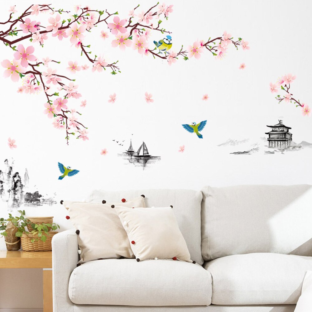 Cherry Blossom Flower Wall Stickers DIY Adhesive Wallpaper Waterproof Living Room Bedroom Wall Decals Art Murals Poster