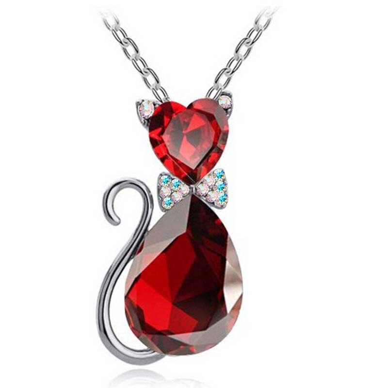 Leuke Kat Hanger Ketting Voor Vrouwen Hart Crystal Sieraden Oostenrijkse Kristal Sleutelbeen Keten Ketting: silver red