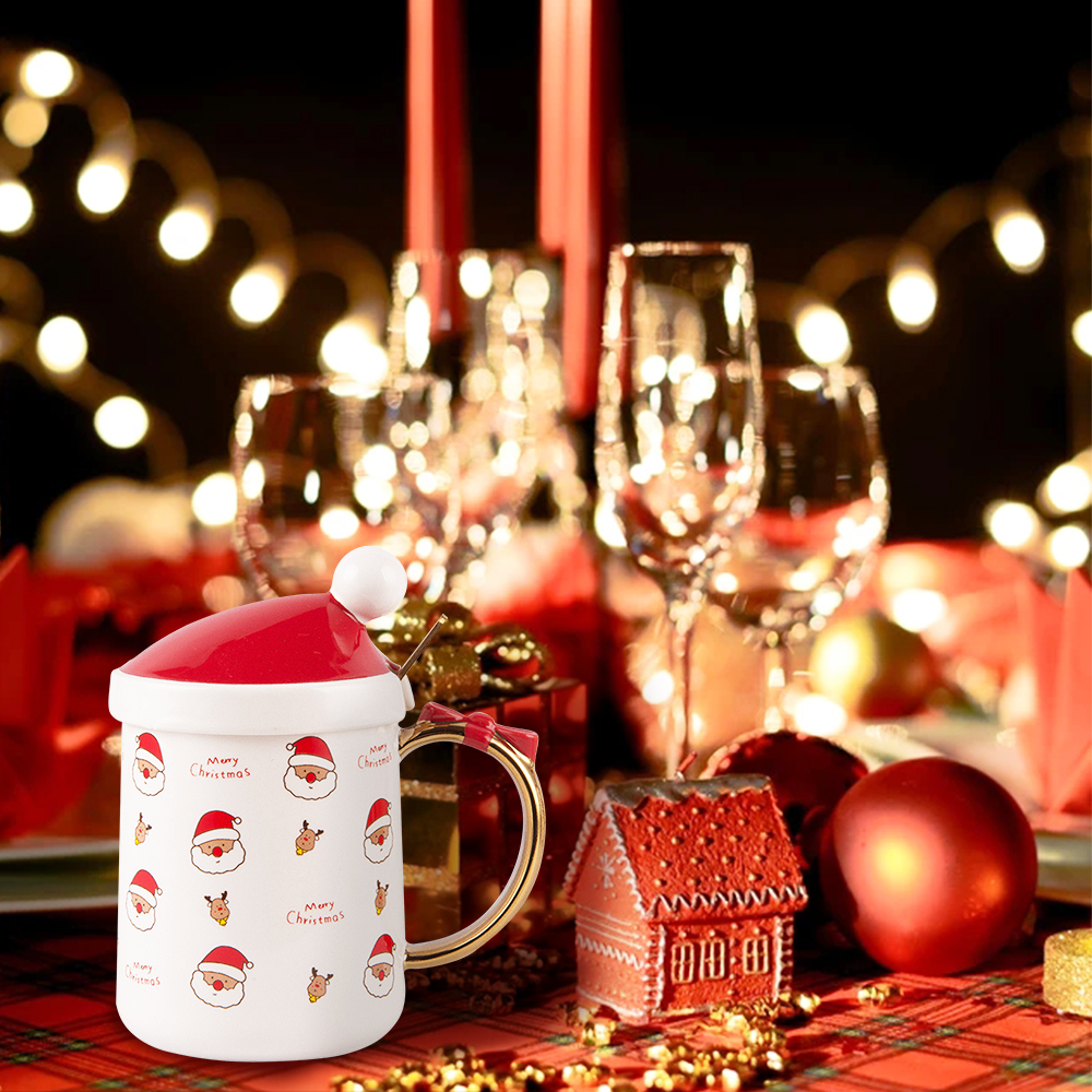 Tapa con forma de sombrero de Navidad, vaso de agua de caballo de cerámica de dibujos animados, oso de muñeco de nieve de Santa Claus con cuchara, taza de café, vasos de , 400ml