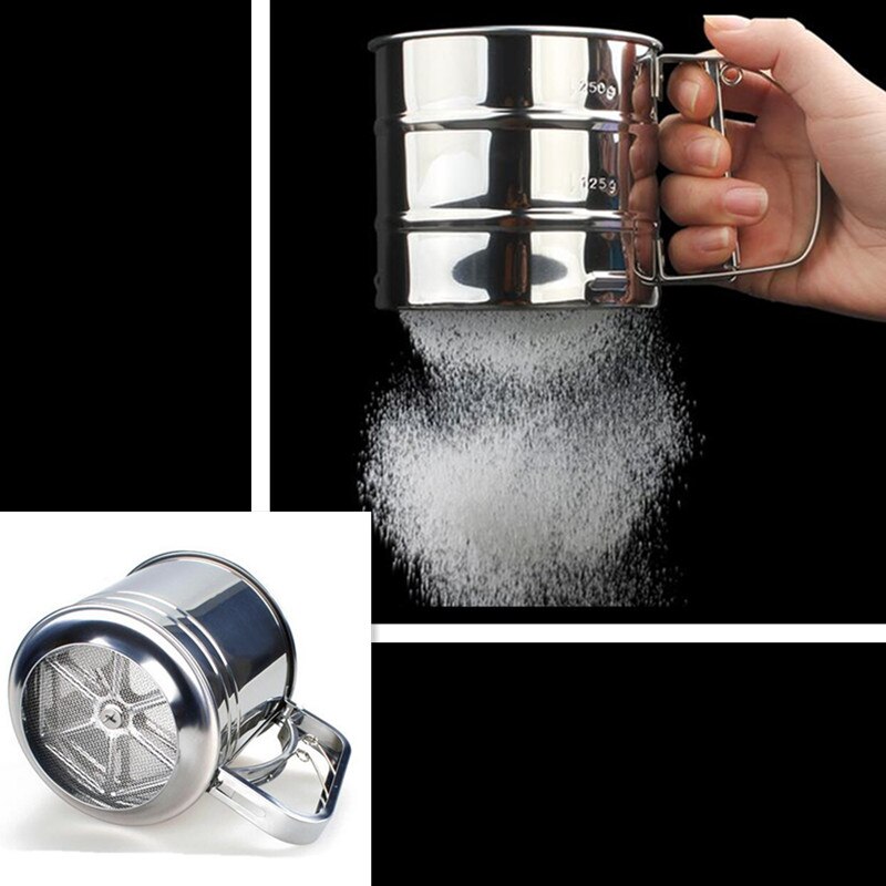 Tamizadores de harina de acero inoxidable de gran tamaño, diámetro 12,5 x H 13cm, tamiz de harina con forma de taza de doble capa, herramientas prácticas de pastelería para hornear pasteles