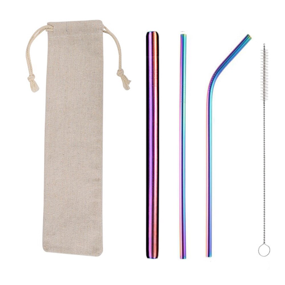 Reusable Drinks Straw Eco Friendly 304 Stainless Steel Metal Straws with Clean Brush Coffee Drinking Tube Set: Colorful