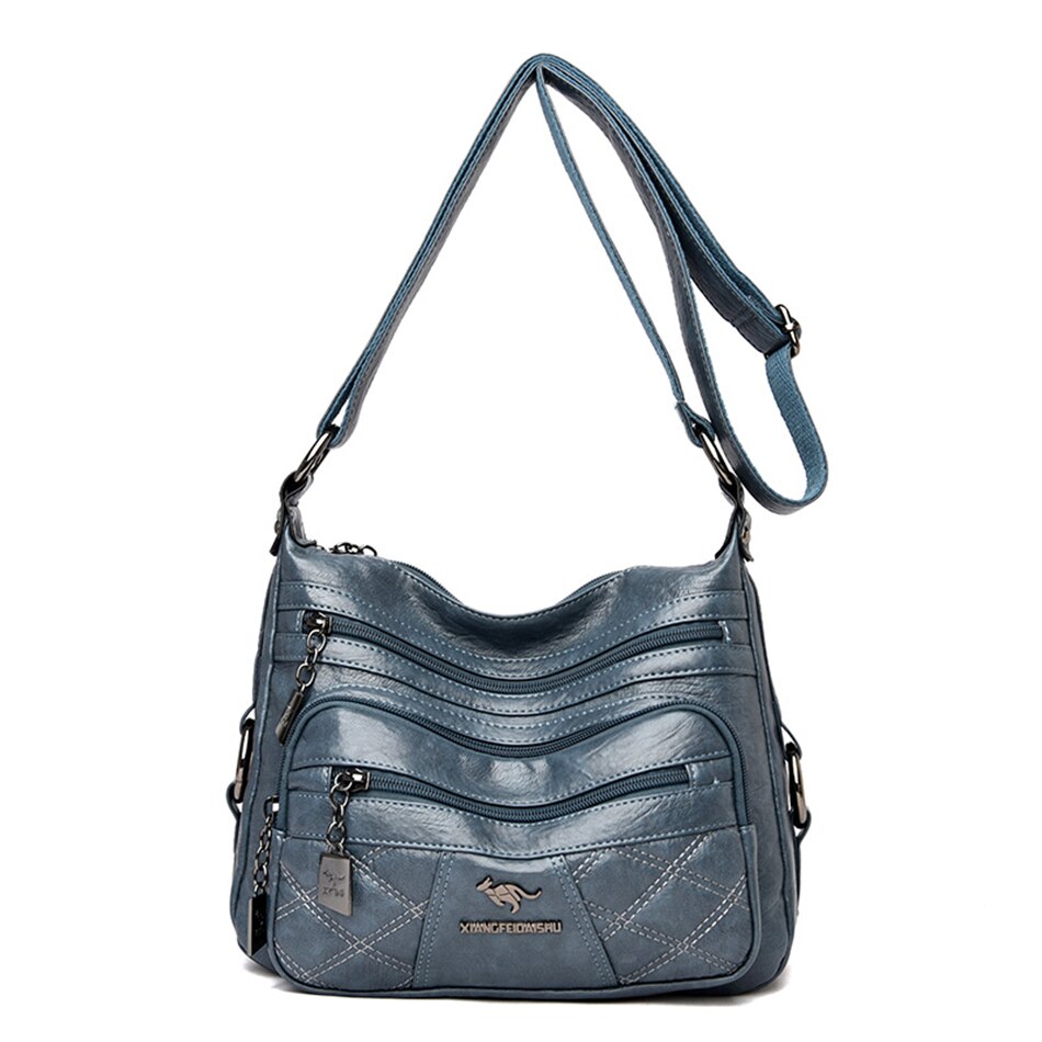 Diamant Gitter Viele Taschen Schulter Tasche Weiche Leder Umhängetaschen für Frauen Damen Reisetasche Handtaschen: see blau