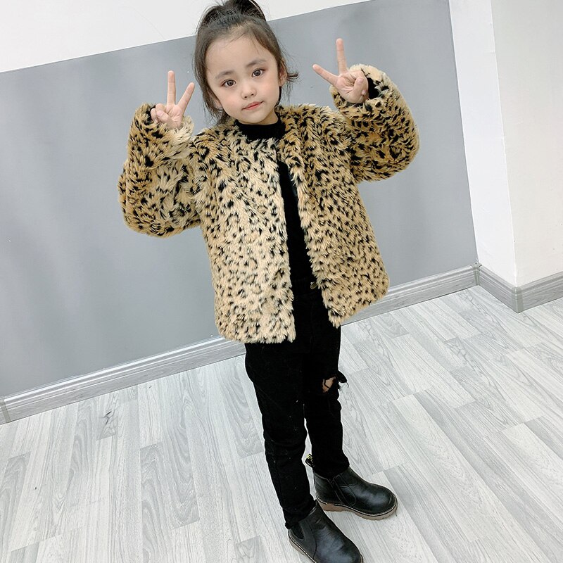 Children Leopard Faux Fur Coat Winter Fluffy Toddler Girl Coat Baby Girls Long Sleeve O Neck Kids Warm Tops Outwear Clothes