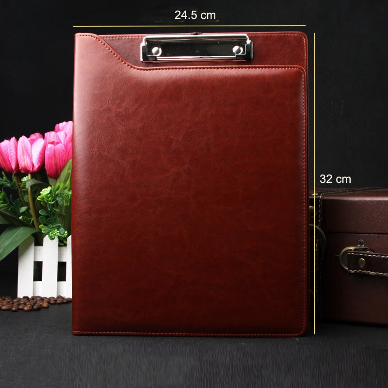 A4 PU leather File Folder Writing Pad Paper Clip Padfolio Business Conference Folder For Office School Supplies: red brown