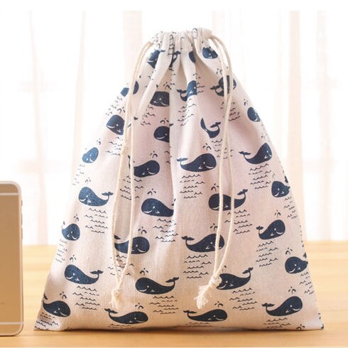 Handmade Cotton Linen Women Drawstring Bags Casual Cartoon Print Travel Home Storage Bag Environmental Reusable Fabric Pouch Bag: whale L