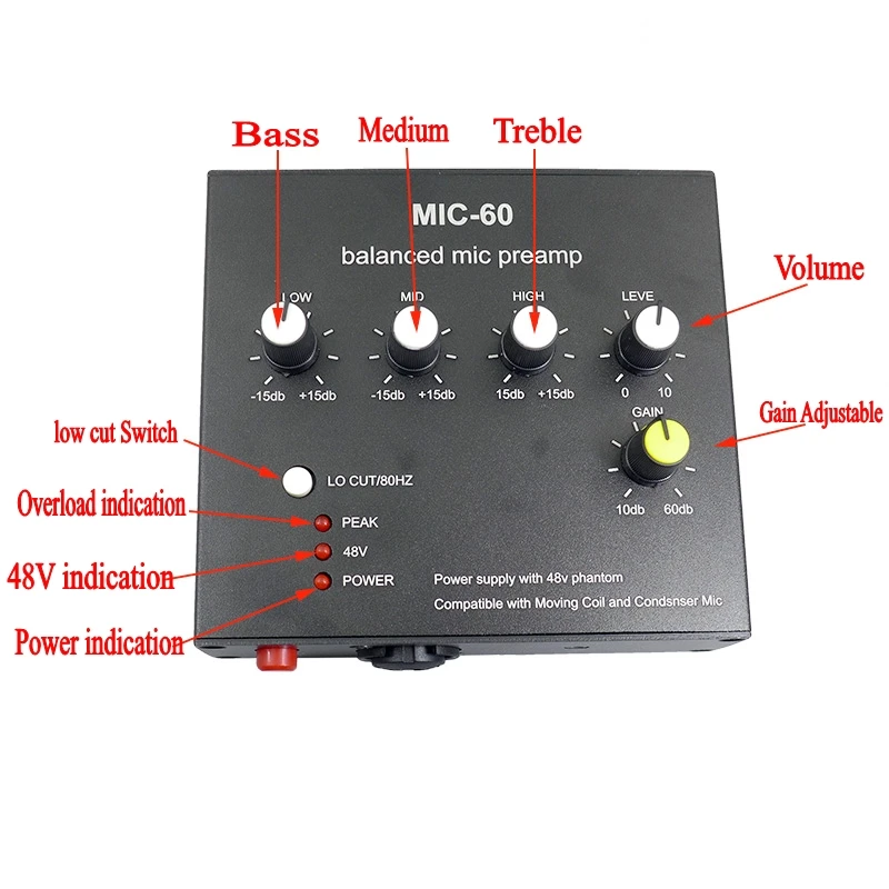 3,5 MM 6,5 MM Ausgewogene Kondensator Dynamische Mikrofon Verstärker Bord Bass Medium Höhen Mit 48 V phantom netzteil