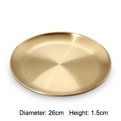 Golden Stainless Steel Round Plate Cake Dessert Flat Plate Thickened Stainless Steel Plate: 26cm