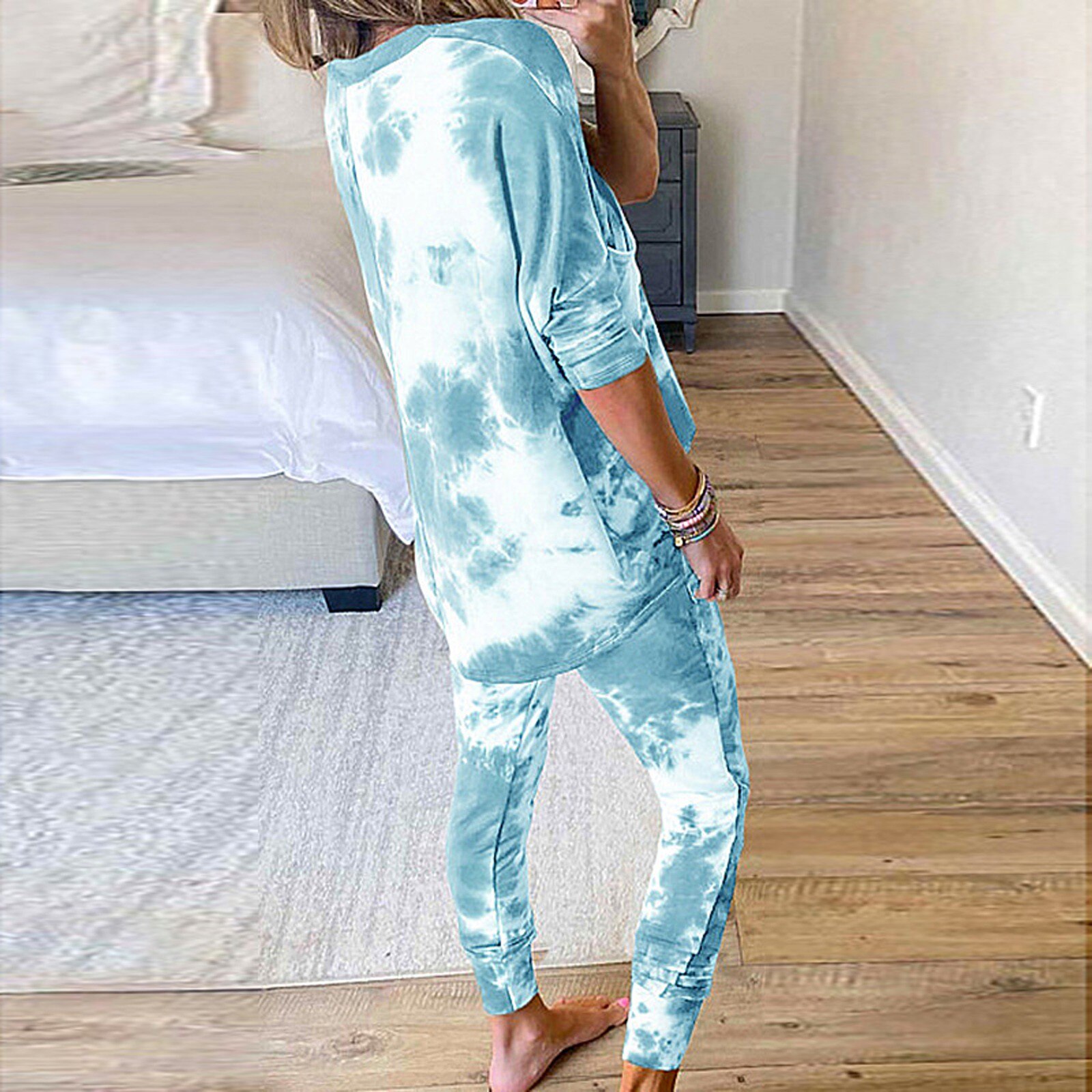 Vrouwen Pyjama Tie-Geverfd Gedrukt Sportkleding Pak Casual Homewear Set Lange Mouw Sweater Broek Vrouwelijke Kleding